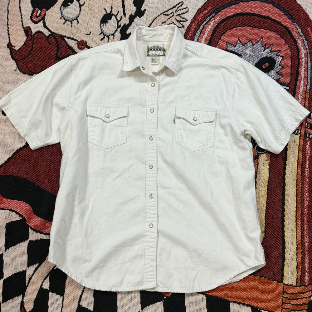 Vintage Levis Mens White Denim Short Sleeve Western Pearl Snap Shirt Large